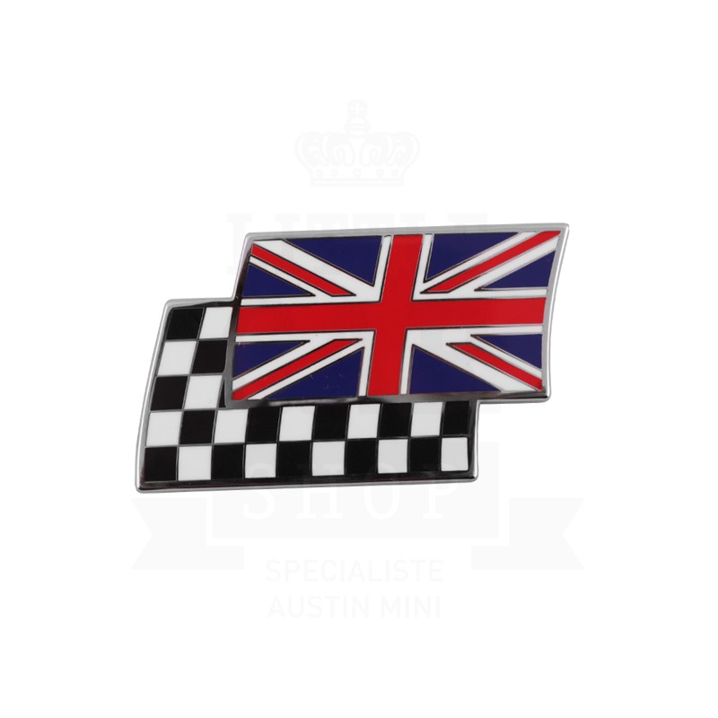 Badge drapeaux anglais et damier superposés émail à